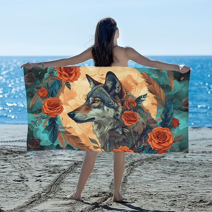 Rose Flower Wolf Feather Beach Towel, Large Microfiber Quick Dry Lightweight Pool Bath Towels Sand Free Beach Blanket for Summer Cruise Yoga Camping Travel Vacation Essentials 31 x 61 in