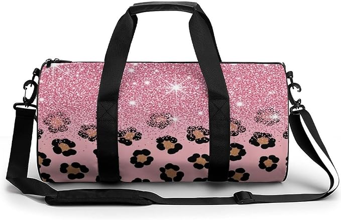 Lightweight Travel Sports Carry On Bag Pink Glitter Sparkles Cheetah Leopard Print Basketball Football Weekender Bag Sport Gym Fitness Tote