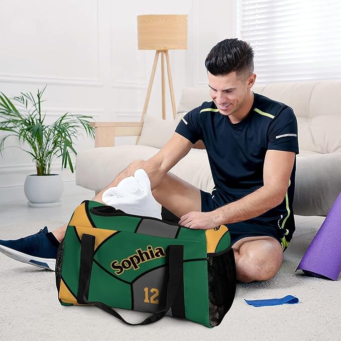 Custom Volleyball Gold Green Duffel Bag with Name Personalized Travel Bags Sport Gym Bag Carry On Weekender Bags for Men Women