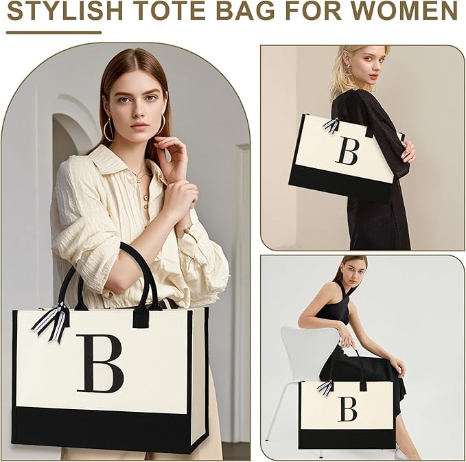 Personalized Canvas Tote Bag for Women Makeup Pouch Initial Beach Bag Removable Bottom Board for Travel Birthday