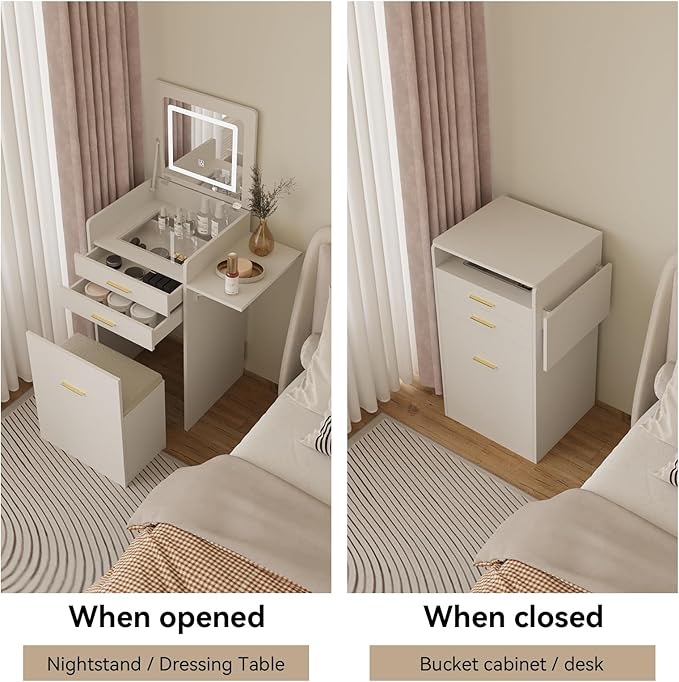 ARTETHYS Small Vanity Desk Set with Flip-top Mirror and Lights White Integrated 3 in 1 Makeup Vanities Set for Compact Space Mini Dressing Table with Fold-up Panel and Storage Chair for Bedroom