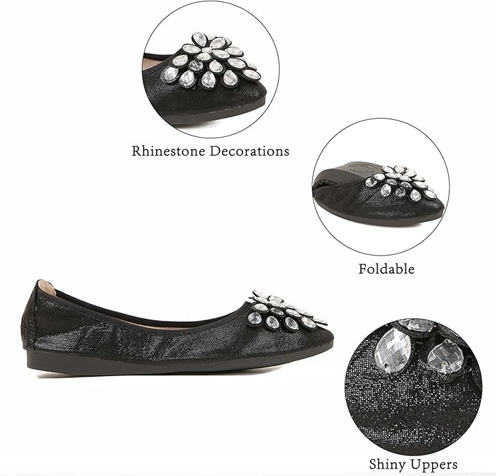 Flats Shoes for Women Rhinestone Wedding Ballerina Shoes Foldable Sparkly Comfort Slip on Flat Dressy Flats