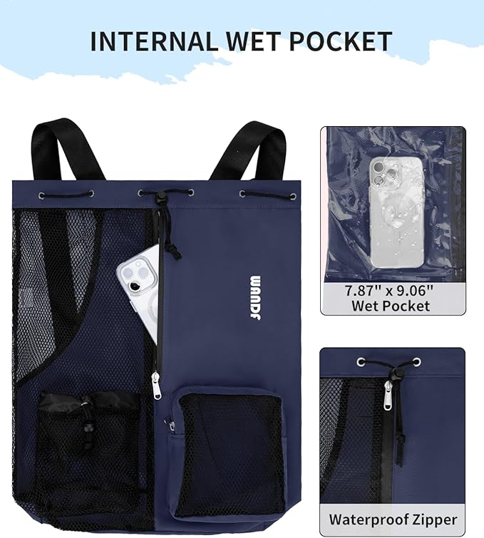 WANDF Swim Bag Mesh Drawstring Backpack with Wet Pocket for Swimming, Gym, and Workout Gear