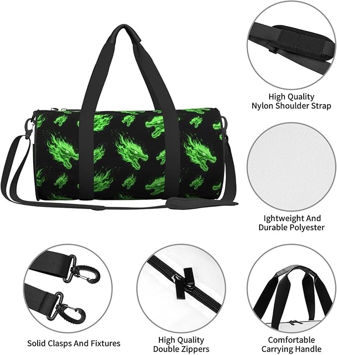 Sports Bag Lightweight with Inner Pocket Gym Bag Green Fire Flame Dragon Art Art for Men Women Duffle Bag for Travel