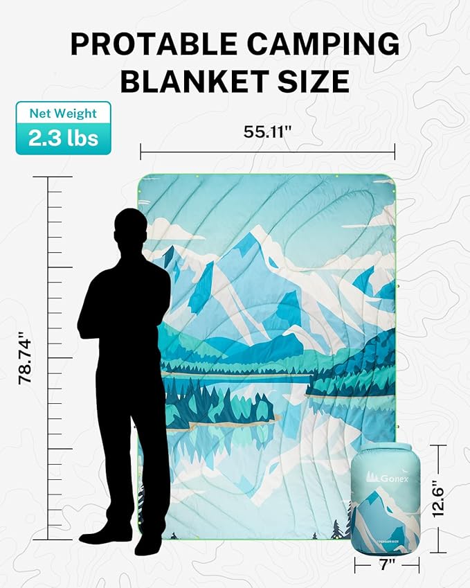 Gonex Camping Blanket with Aero-Warmth Tech Layer, Puffy Printed Packable Blanket Ultralight & Warm Wearable Water-Resistant Quilt for Outdoor, Camping, Hiking, Travel, Picnics 79" X 55" (Iceberg)