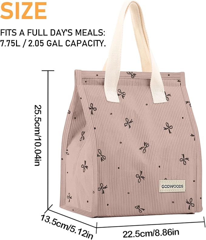 TELLUMO Corduroy Lunch Bag for Women Men Cute Lunch Bag Insulated Lunch Box with Large Capacity (7.5L) Reusable Lunchbag for Work, Picnic, Beach or Travel (S- Corduroy Pinkbow)