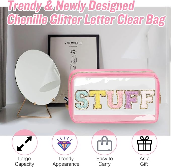 Chenille Letter Clear Makeup Bags Stuff Pouch, Preppy Patch Makeup Bag with Zipper, Transparent PVC & Nylon Waterproof Portable Glitter Cosmetic Bag Travel Toiletry Storage for Women Girls(STUFF-Pink)