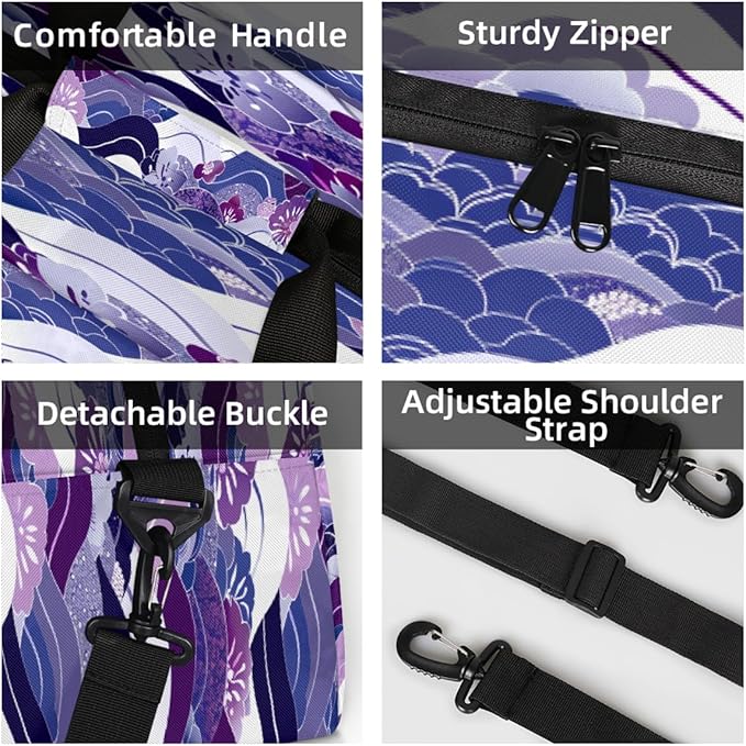 Duffle Bag for Women Men, Purple Wave Flower Texture Gym Bag for Travel Sports, Lightweight Waterproof Weekender Overnight Bags with Adjustable Strap