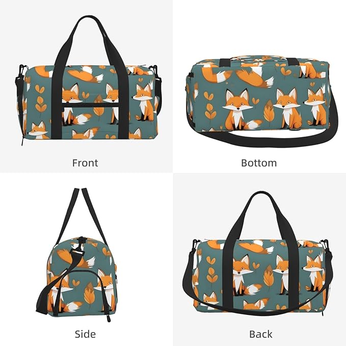 Yellow fox Print Gym Bag with Shoe Compartment for Women Men, 17.7in Sports Duffle Weekender Tote, Overnight Travel Duffel Bag Carry On