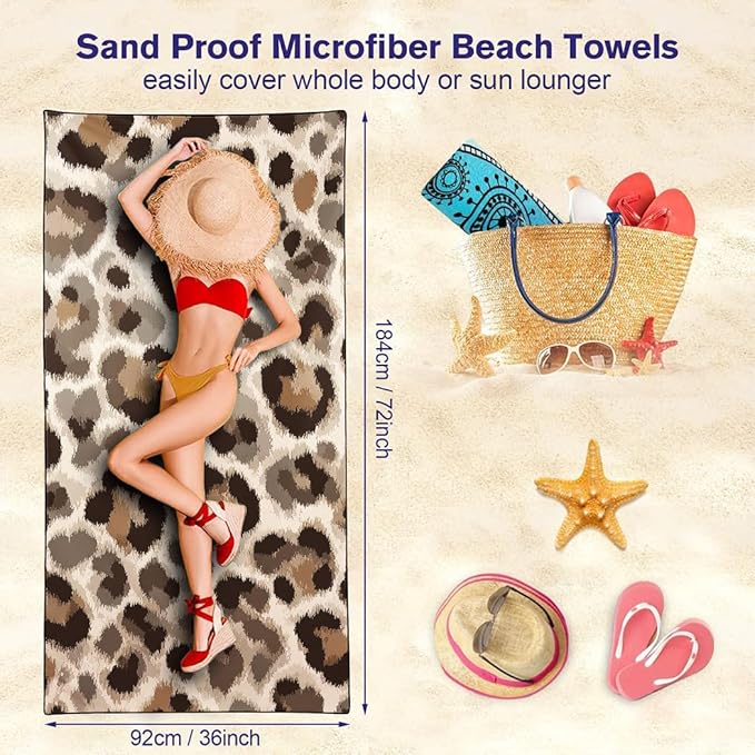 Leopard Print Beach Towel, 36"x72" Sand Free Quick Dry Thin Lightweight Microfiber Towel Gifts for Swimming Travel