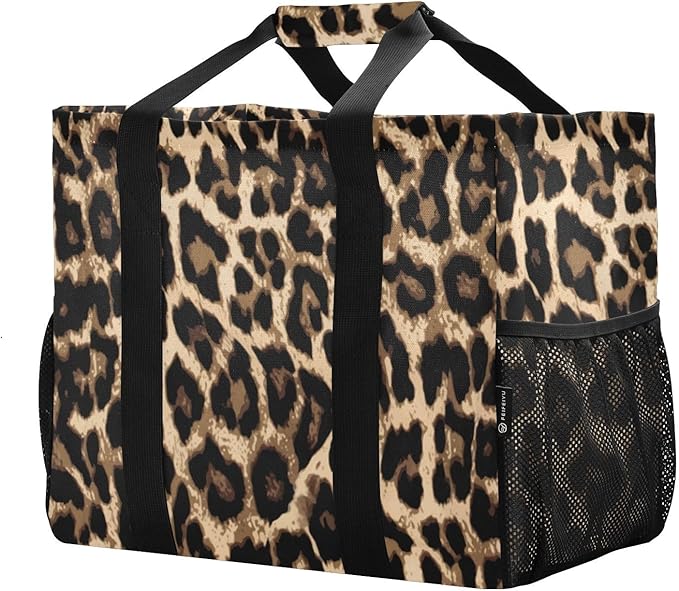 Bolaz Travel Tote Bag，Gym Bag for Men,Waterproof Beach Bag for Women Foldable Reusable-Brow-black Leopard Print