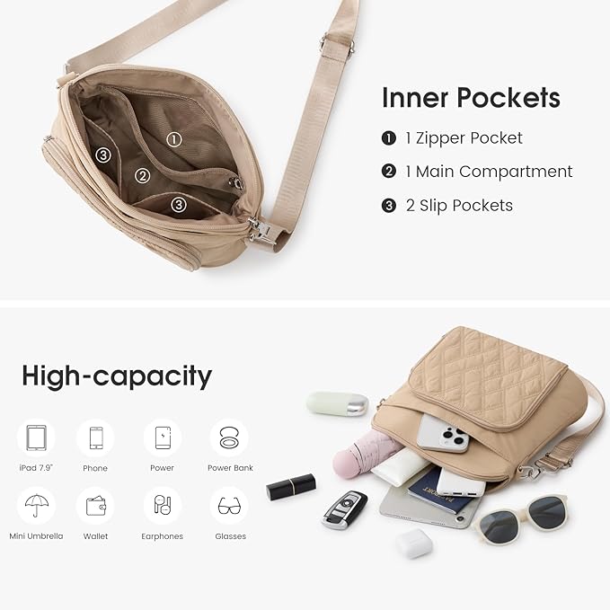 G4Free Anti-Theft Crossbody Bags for Women, Lightweight Nylon Shoulder Purse Medium Handbags for Travel Work-Khaki
