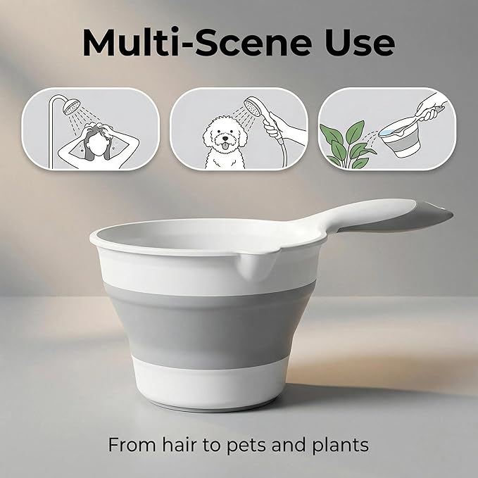 Premium Silicone Bath Rinse Cup & Water Pourer - Large Capacity Gray and White Bath Cup for Rinsing Hair, Shower Hair Washing Mug, Pet Bathing, and Travel