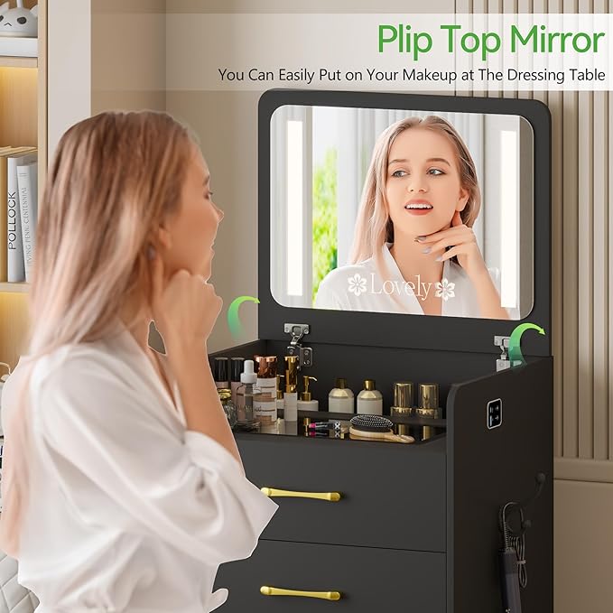 HNEBC 3 in 1 Vanity Desk with Plip Top LED Mirror,Small Dressing Table Set with Visible Glass Desktop,Compact Vanity with 3 Drawers,Storage Compartment and Padded Stool,for Bedroom(Black)