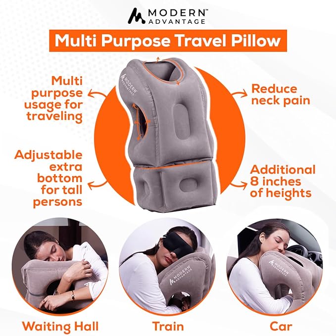 Modern Advantage Inflatable Travel Pillow with Adjustable Extra Bottom Support Neck Pillow for Chin & Head Stability Prevents Neck Pain Plane Pillow for Long Flight Travel Eye Mask & Earplugs - Grey