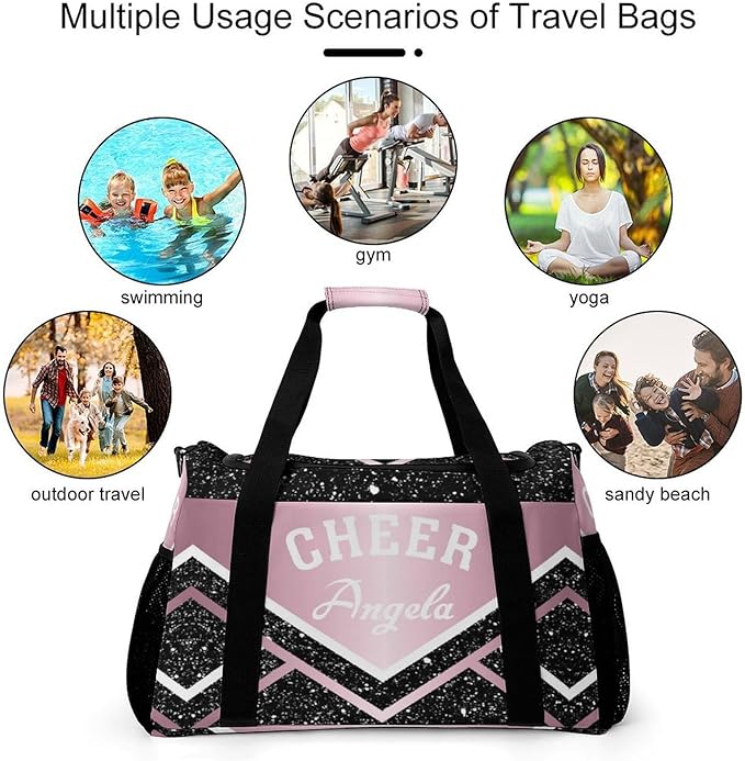 Personalized Name Sports Player Duffel Bags Pink Cheerleading Black Sparkle Print Travel Perform Training Casual Bag for Man Women Multifunctional Bags