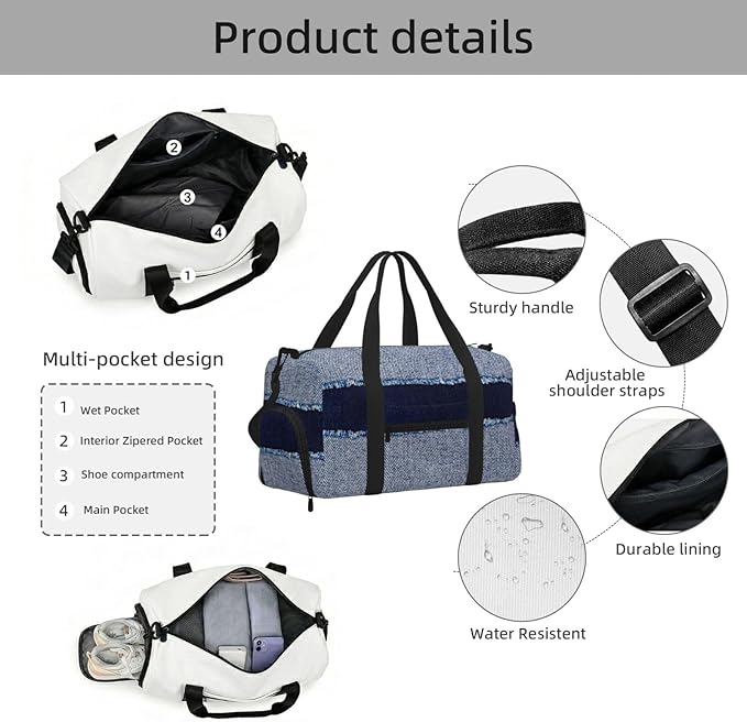Denim Blue Jeans Bleached Denim Fabric Women'S Gym Duffle Bag With Shoes Compartment, Ideal For Travel, Gym, Sports, Duffel, Weekender