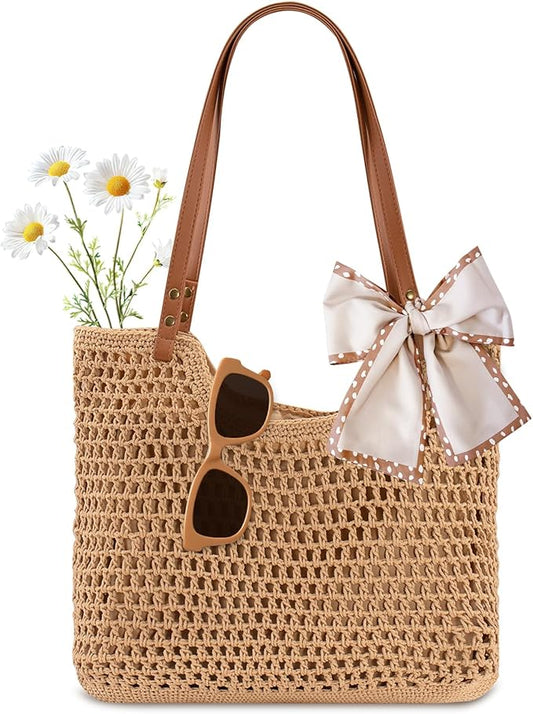 Peicees Crochet Beach Bag Purse, Boho Woven Tote with Leak-Proof Lining For Summer Vacation Travel Casual Shoulder Bag Soft