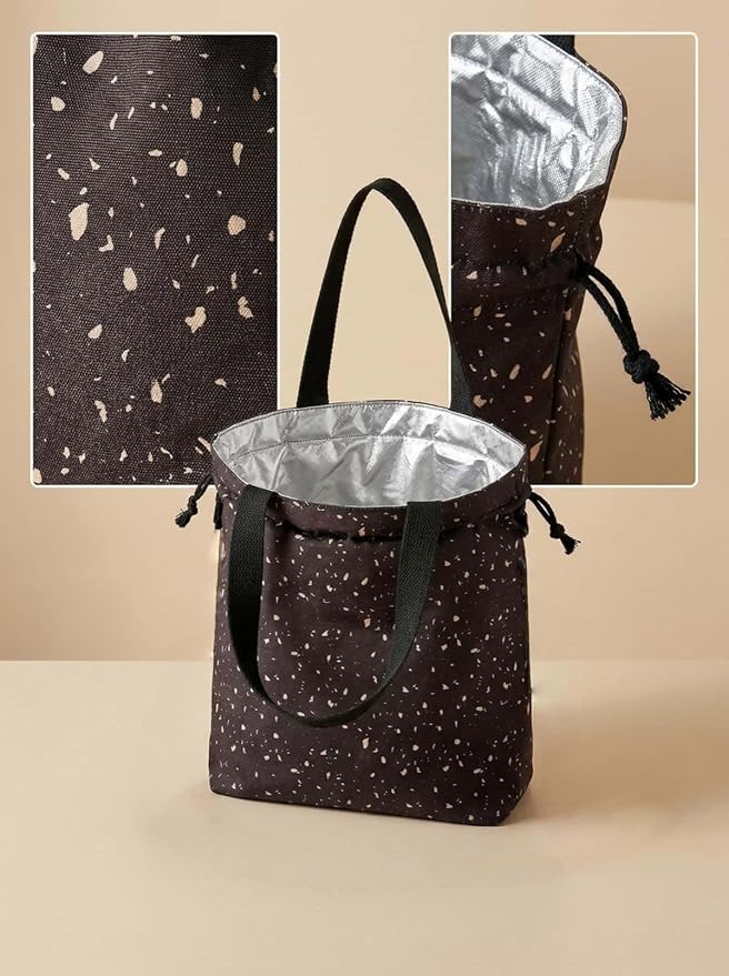 Reusable Small Lunch Bag,Drawstring Lunch Bag,Insulated Handbag Tote bag with Handle (Starry Night Black)