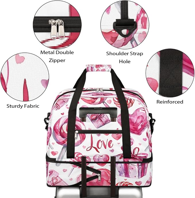 Pink Heart Candy Gift Large Weekender Bag with Shoe Compartment Travel Duffel Bags for Women Carry On Hospital Overnight Bag Foldable Personal Item Travel Bags Tote Gym Sports Airplanes
