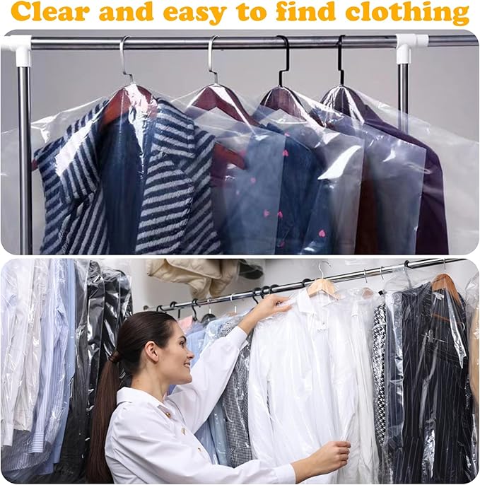 MIDELONG 10Pcs (24 x 36 In) Clear Plastic Clothes Covers, Dry Cleaners Bags Hanging Dust-proof Clothing Protector Covers Garment Bags for Home Storage Clothing Stores Dry Cleaning