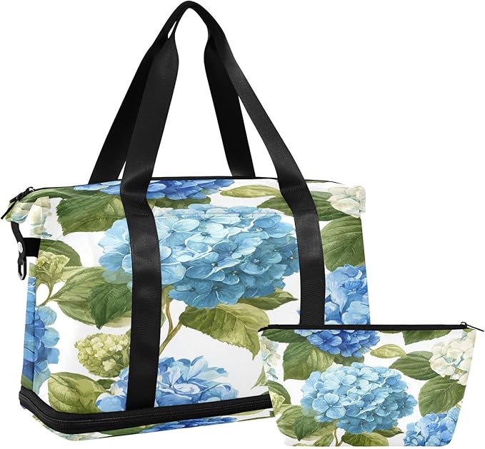 Travel Duffel Bags for Women Watercolor Hydrangea Floral Sports Duffel Bags Gym Bags with Shoes Compartment Tote Bag Weekender Bag for Travelling