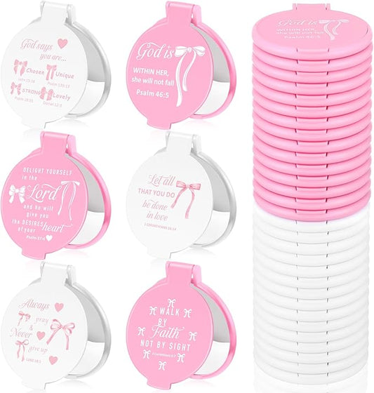 Namalu 36 Pcs Pink Bow Coquette Mini Bible Verse Compact Mirrors Inspirational Christian Wedding Gifts Bulk Women Travel Round Pocket Makeup Mirror Religious Gift for Purse Church Party Favors