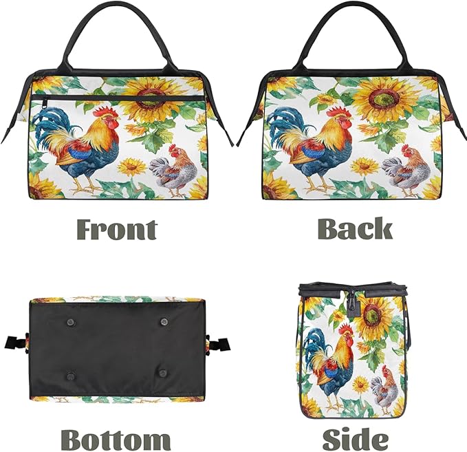 Multipurpose Duffle Bag, Waterproof Carry On Bag with Spacious Design, Watercolor Rooster Sunflower Gym Bags, 15.2x8.3x11.6in
