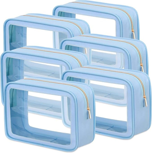Hsei 6 Pcs Clear Makeup Bags with Color Edged TSA Approved Travel Toiletry Bags with Zipper Clear Cosmetic Bag Diaper Bag for Car Storage Organizer Wedding Essentials for Women Gift(Blue)