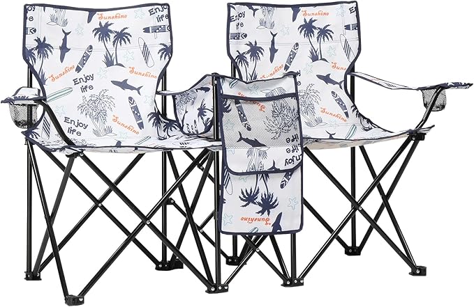 Double Folding Camping Chair W/Umbrella Fold Up Table Beverage Holder Carrying Bag Cooler for Patio Pool Park Outdoor Beach, Picnic, Portable (Coconut)