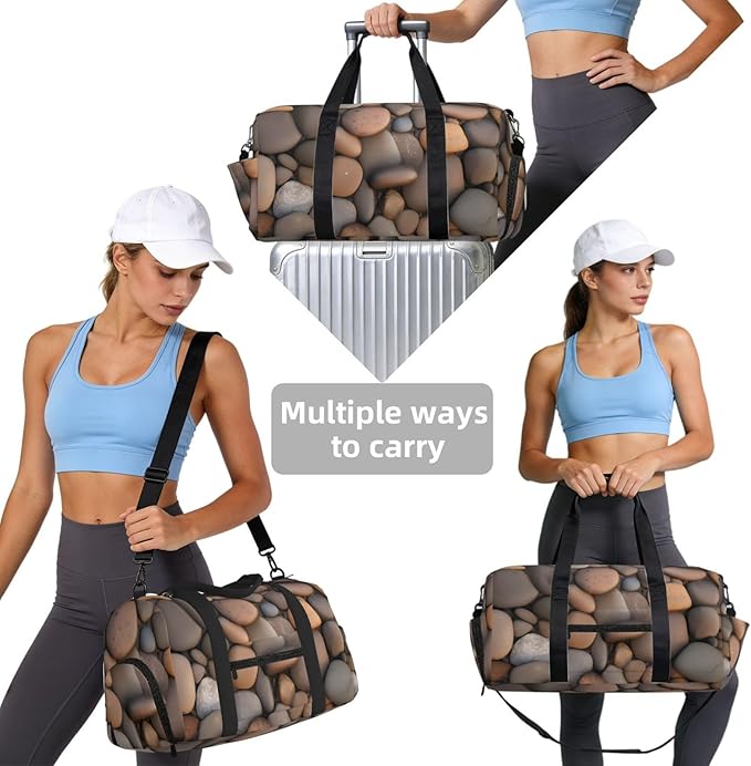 Pebbles in the beach Print Gym Bag with Shoe Compartment for Women Men, 17.7in Sports Duffle Weekender Tote, Overnight Travel Duffel Bag Carry On