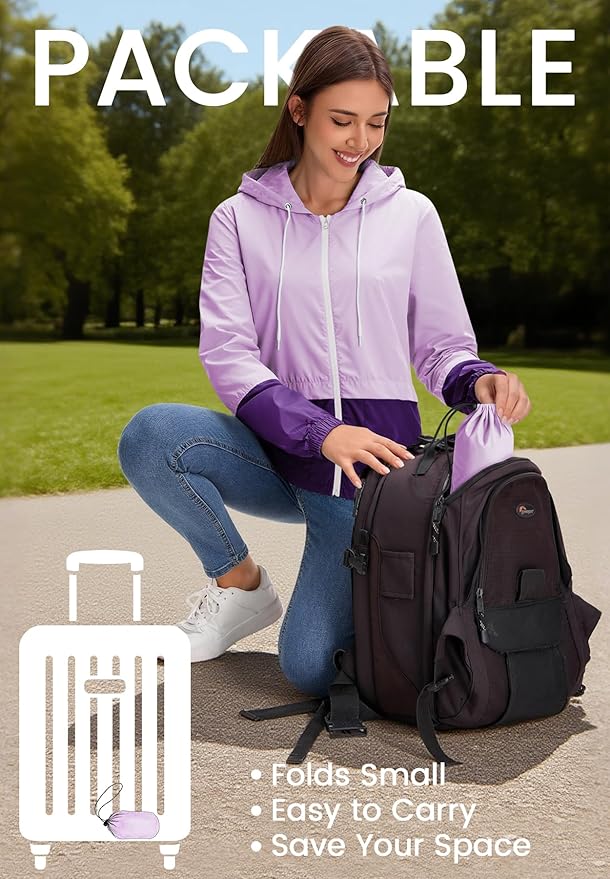 Zando Lightweight Rain Jacket Women Waterproof - Raincoat for Women Packable Rain coat Hooded Windbreaker for Travel Outdoor