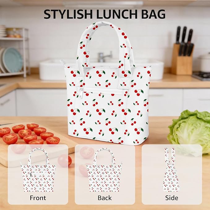 Tote Lunch Bag Women Stylish Quilted Lunch Boxes for Adult Fit and Fresh Cooler Insulated Lunchbox for Work Large 10 Liters Cute Compact Lunchbag Waterproof Cherry