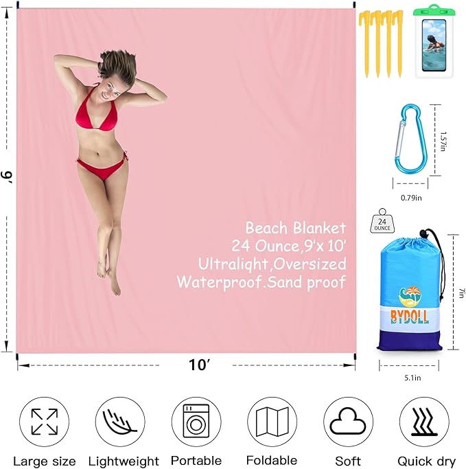 BYDOLL Beach Blanket 10'X9' Waterproof Sandproof Suits1-8 Adults Oversized Lightweight Large Blanket Picnic Mat for Beach Sand Free Travel Camping Hiking Picnic
