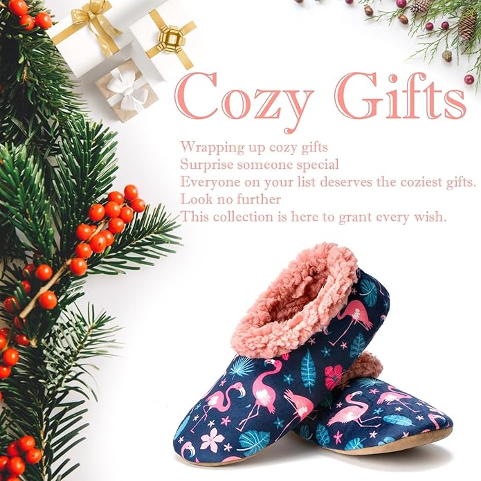 Soft Fuzzy Slippers for Women Indoor, Warm Furry House Sock Shoes Fluffy Lined, Bedroom Booties Non-Slip Gripper Soles, Winter Cozy Christmas Gifts