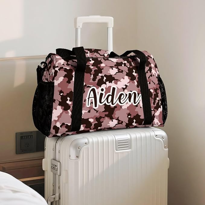 Personalized Pink Khaki Brown Camouflage Camo Duffle Bag with Name for Women Man Tote Bag Custom Travel Perform Training Bag Gym Bags