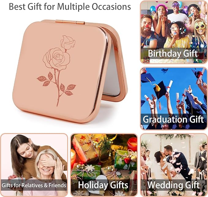 Small Compact Mirror, Rosegold Square 2.8”×2.8” Metal Frame Smooth Style Double Sided Mini Magnifying 1X/2X Mirror for Purse Can be Used as Gifts for Woman (RG02)