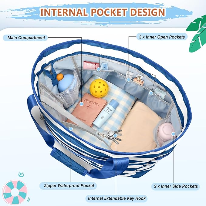 Extra Large Beach Bags for Women, Waterproof Sandproof Beach Tote Bag Foldable Swim Pool Bag with Zipper and Wet Pocket