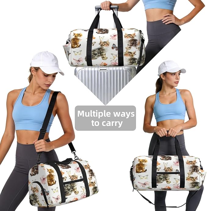 Sports Gym Bag Butterflies Cats Kittens Pattern Travel Duffel Bag With Shoe Compartment Shoulder Strap, Lightweight Water-Resistant Weekend Overnight Totes For Women Men