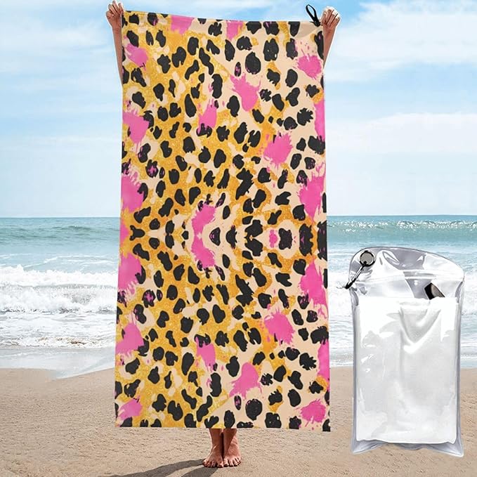 Pink Leopard 1 Sand Free Beach Towel – 31.5"X63" Quick Dry Microfiber Beach Towels for Travel, Swimming, Pool, and Camping, Absorbent and Compact Beach Essential for Women, and Men