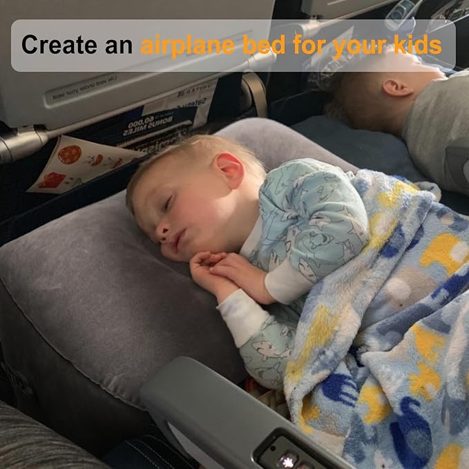 Inflatable Travel Foot Rest Pillow, Kids Airplane Bed, Adjustable Height Leg Pillow for Air Travel, Make a Flat Bed for Toddlers, Great for Airplane,Train,Small Size(Grey, 1 Pack