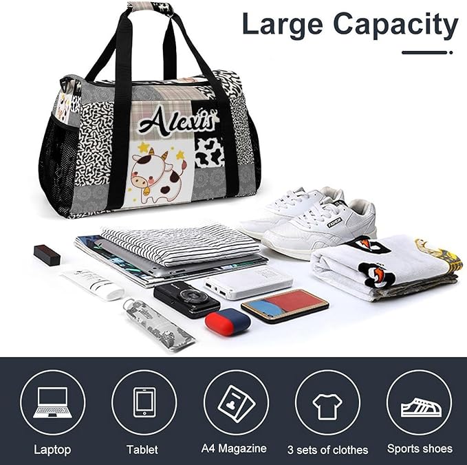 Travel Bag Khaki Gray Plaid Lattice Cow Customized Duffel Bags Weekender Overnight Bag Personalized Gift Adjustable Detachable Shoulder Strap Packs