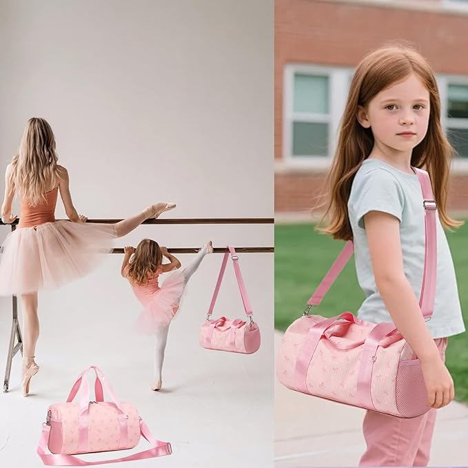 Dance Ballet Bag for Girls Small Duffle Ballerina Bags with Waterproof Dry Wet Separated Compartment Corduroy Bow Dance Bag for Girls 4-6 Pink