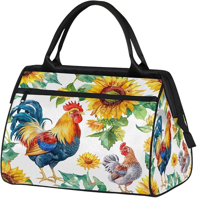 Multipurpose Duffle Bag, Waterproof Carry On Bag with Spacious Design, Watercolor Rooster Sunflower Gym Bags, 15.2x8.3x11.6in