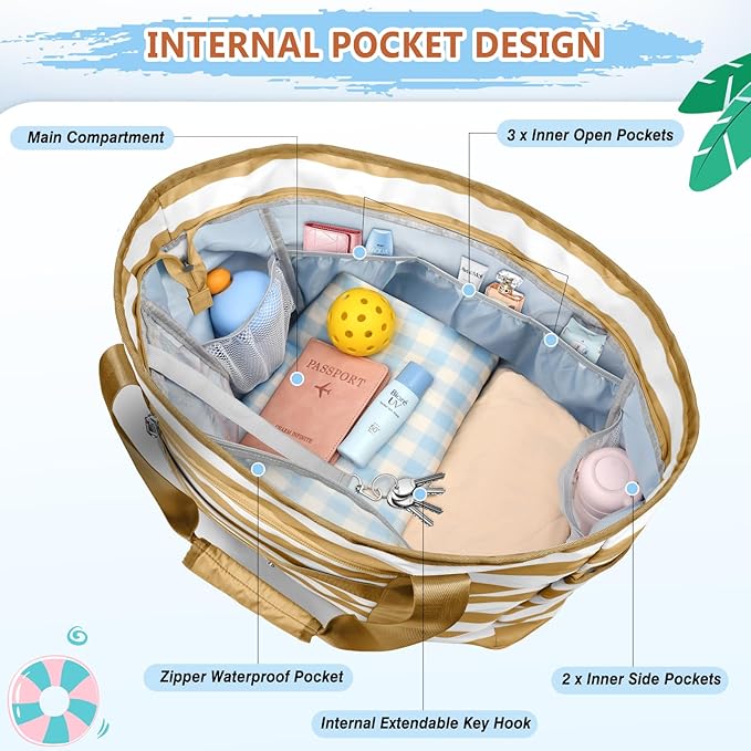 Extra Large Beach Bags for Women, Waterproof Sandproof Beach Tote Bag Foldable Swim Pool Bag with Zipper and Wet Pocket
