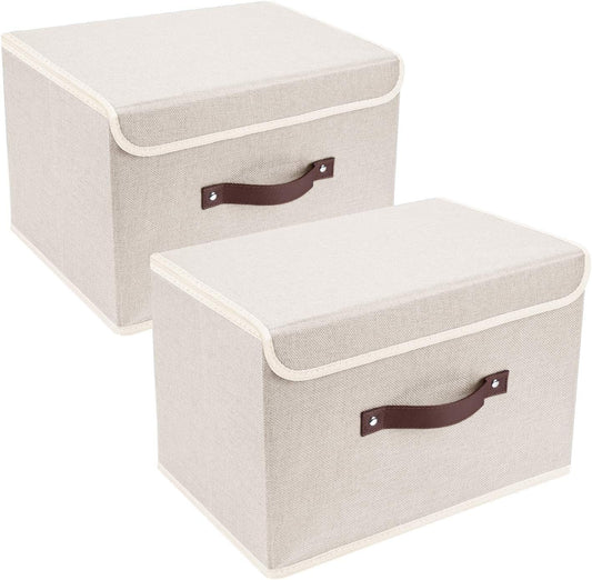 TYEERS Collapsible Storage Boxes, Washable Fabric Storage Bins with Lids, 14.9x9.8x9.8 inches, 2 Pack, Beige