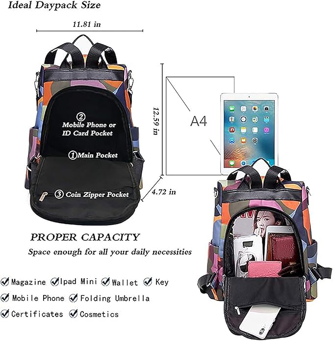 COFIHOME Anti-theft Backpack Purse for Women, Unique Geometric Print Small Fashion Daypack, Water-Resistant Oxford Shoulder Bag with Back Access - Each Pattern is One-of-a-Kind