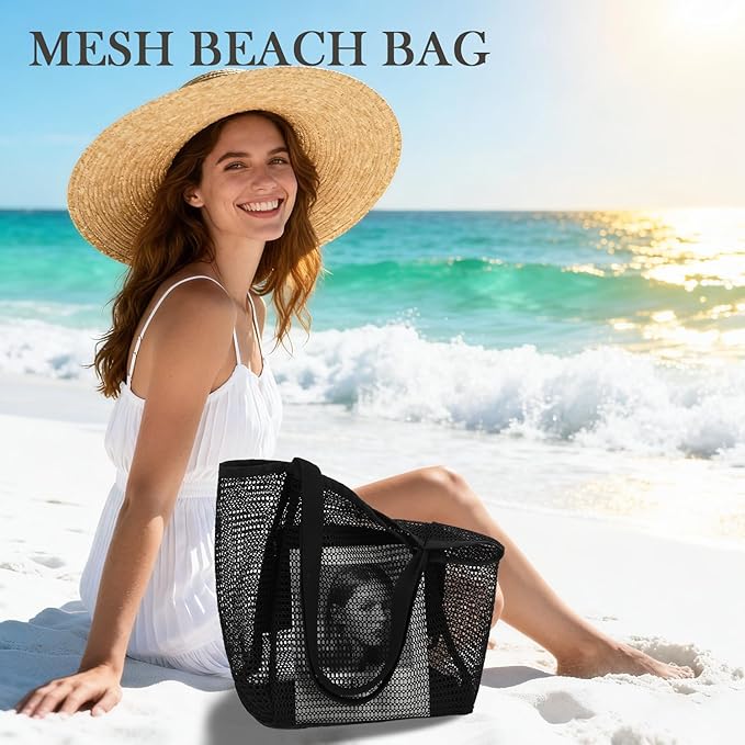 Fammart Mesh Beach Bag for Women, Summer Straw Tote Hobo Pool Bags with Zipper Pocket, Travel Vacation Cruise Essentials 2026