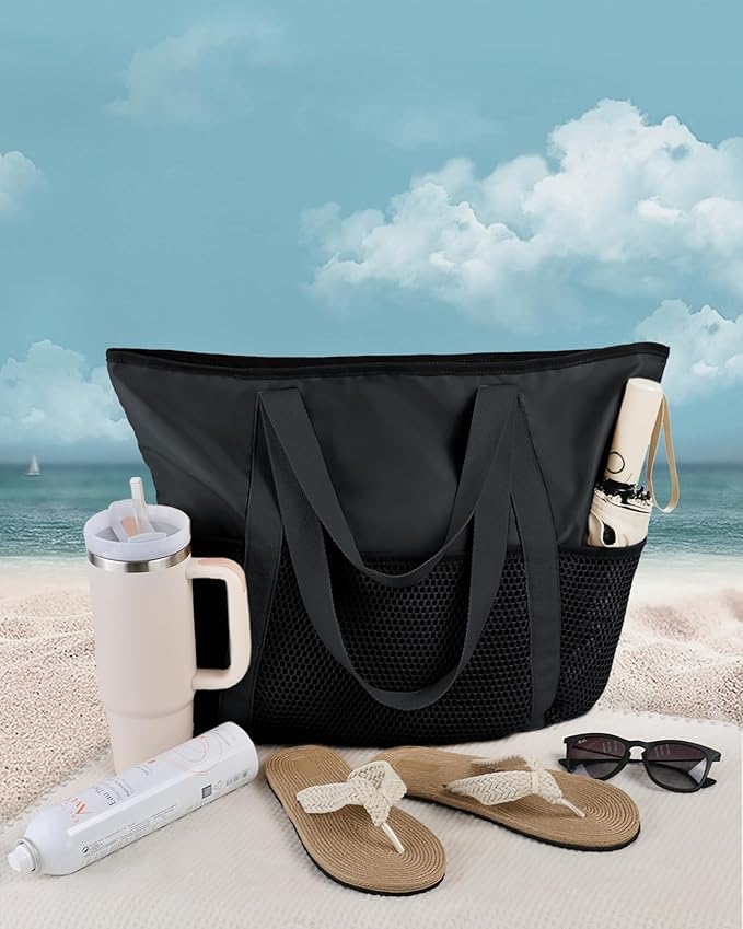 HOMESPON Beach Bag Large Waterproof Sandproof Foldable Tote for Women with Zipper Mesh Pockets for Pool Swim Travel Everyday