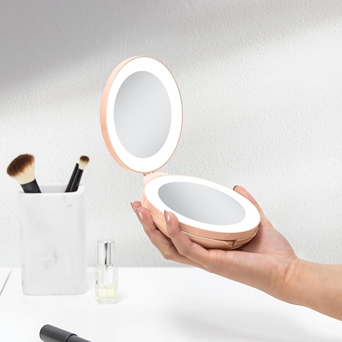 Zadro Compact Travel Makeup Mirror with Lights, 10X/1X Dual Magnification, LED Lighted Folding Design, Battery Operated Portable Mirror for Purse, Desk, or Travel Use (Peach)